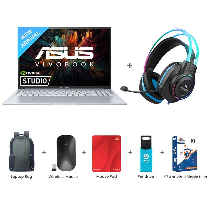 Picture of ASUS Vivobook 16X - Intel Core i5-13420H 16" (40.64 cm) K3605VC-RP413WS Gaming Laptop (16GB/ 512GB SSD/ WUXGA Display/ NVIDIA GeForce RTX 3050/ Windows 11 Home/ MS Office/ 1Year Warranty/ Cool Silver/ 1.80 Kg) Zebronics Zeb-Jet Premium Gaming Headphone + Laptop Bag + Wireless Mouse + Mouse Pad + Pendrive + K7 Antivirus Single User